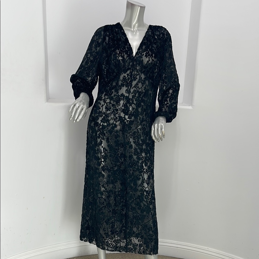 Vintage Marly Thomas Black Velvet Sheer Hostess Gown Caftan Maxi Dress Boho Goth